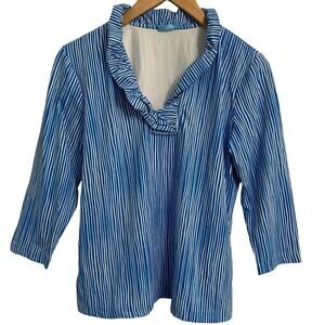 J. McLaughlin Catalina Cloth Striped Ruffle 3/4 Sleeve Top Large Preppy